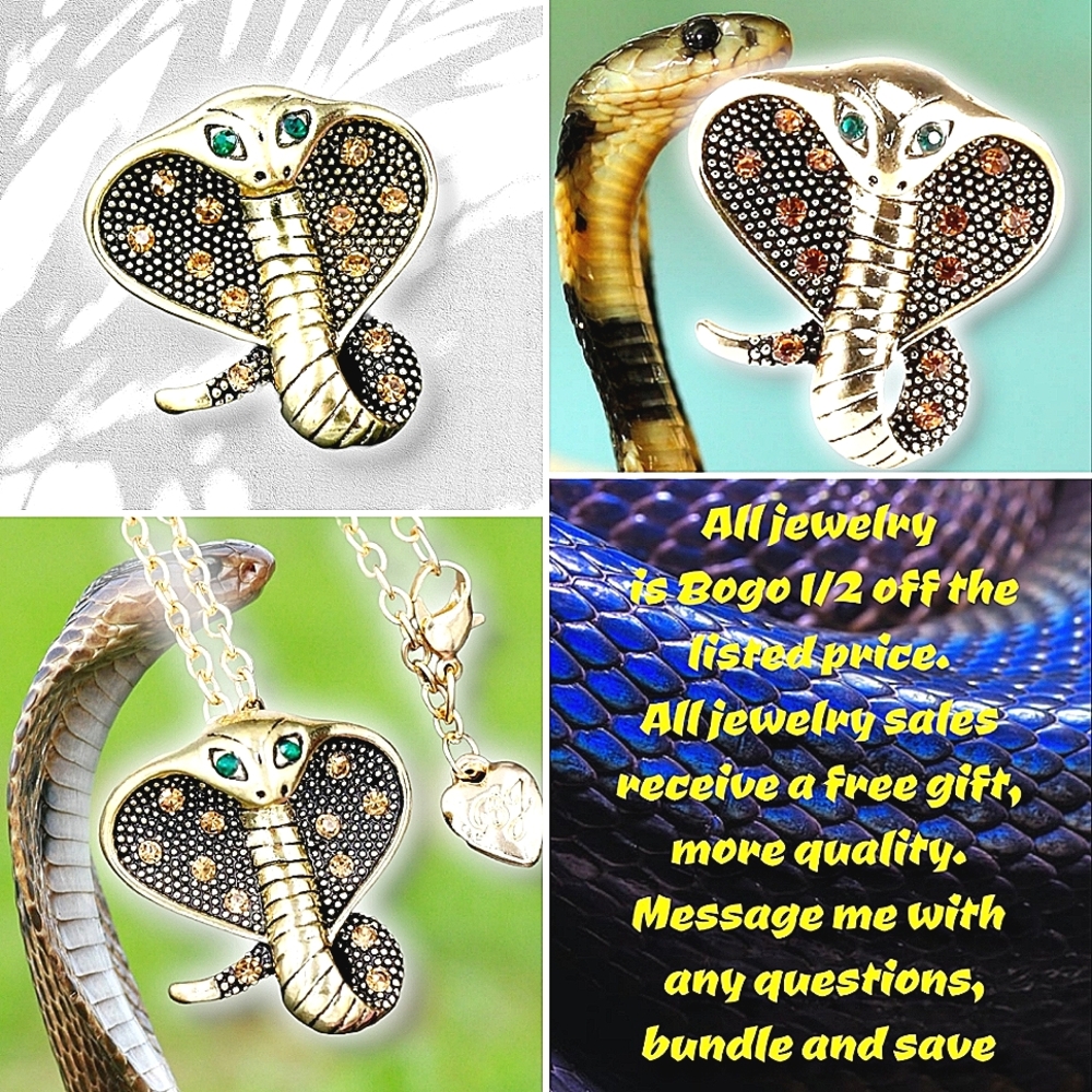 Gold plated Orange and green crystal Cobra Snake necklace/brooch